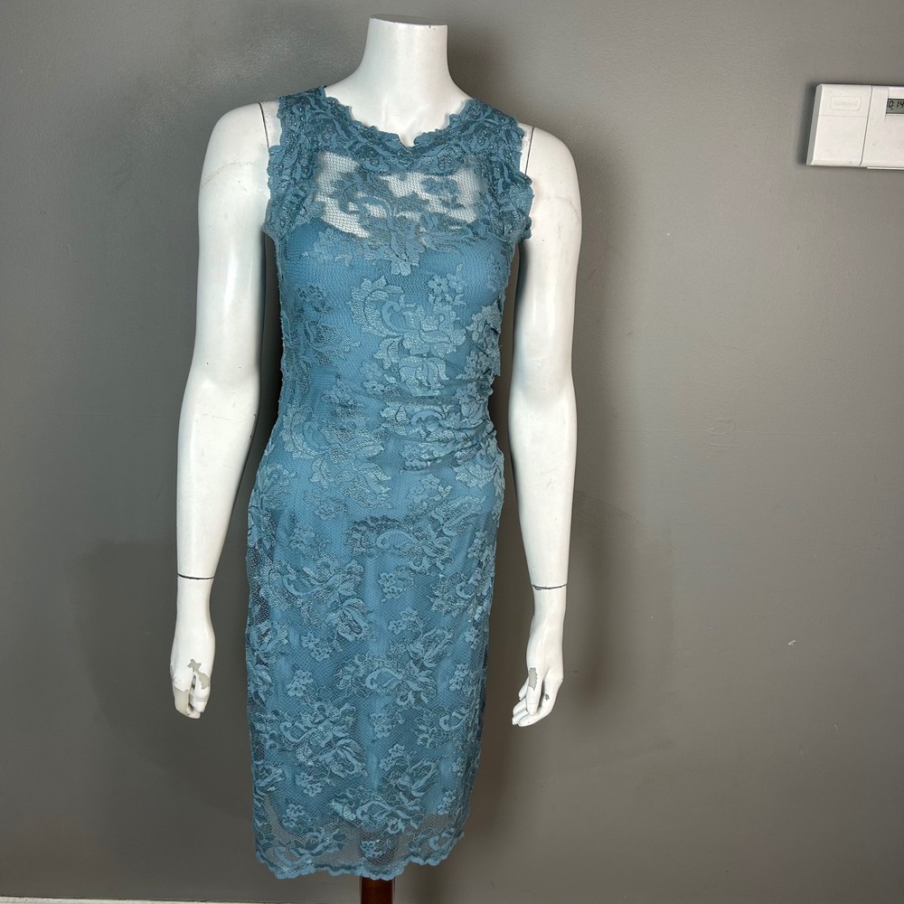 Romantic Lace Regency Dress Size 2 Olvi's Blue Floral Open Back Sheath Cocktail